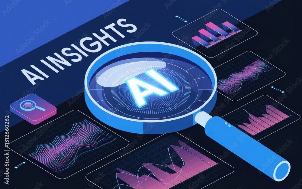 Poster ai insights: analyzing data through magnifying glass: an illustration showcasing artificial intellig