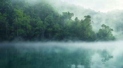 Fototapeta premium Photorealistic forest with soft morning mist, peaceful and calm, high-resolution and artistic nature photography