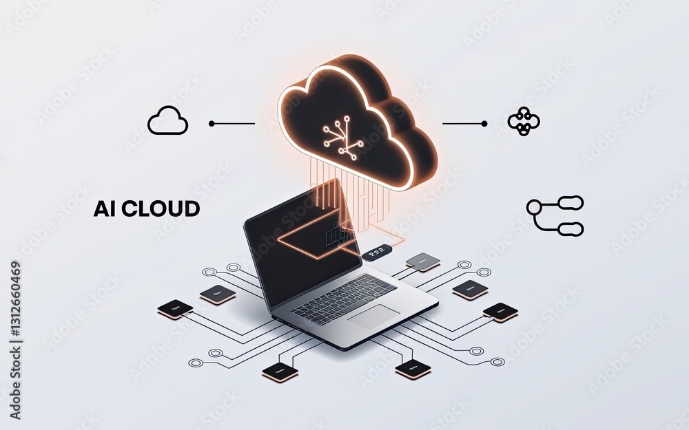 Poster ai cloud technology: a digital rendering showcases an open laptop with an ai cloud connecting throug