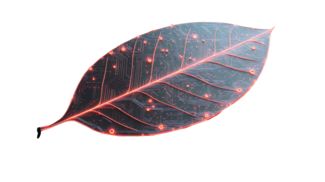 Glowing leaf showing futuristic circuit board on transparent background
