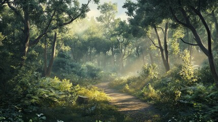 Fototapeta premium Photorealistic forest with soft morning mist, peaceful and calm, high-resolution and artistic nature photography