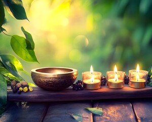 A peaceful meditation space with scented candles, Tibetan singing bowls, and a Zen garden, radiating calm and balance—ideal for advertising or content on relaxation, meditation, or mental health.