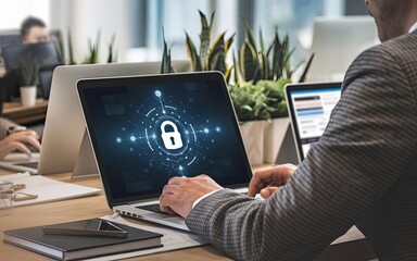 Securing the Digital Frontier: A person working on a laptop showcasing cyber security lock icon, in a modern office environment symbolizing safety, protection, and data privacy.
