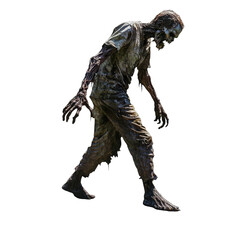 Fototapeta premium Fullheight depiction of a walking zombie isolated on transparent background during twilight hours, walking zombie in full height, file of isolated object with shadow on transparent background