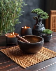 Fototapeta premium A peaceful meditation space with scented candles, Tibetan singing bowls, and a Zen garden, radiating calm and balance—ideal for advertising or content on relaxation, meditation, or mental health.