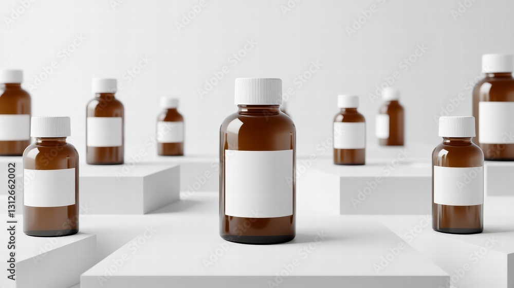 Poster pharmaceutical assortment: an array of amber bottles with blank labels and white caps on display.