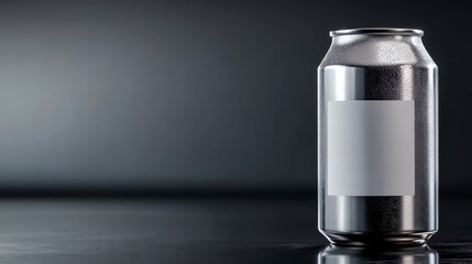 Sleek Aluminum Can: A photorealistic studio shot presents a metallic aluminum can with a blank label, inviting the viewer to imagine their desired product within this cool, modern design.