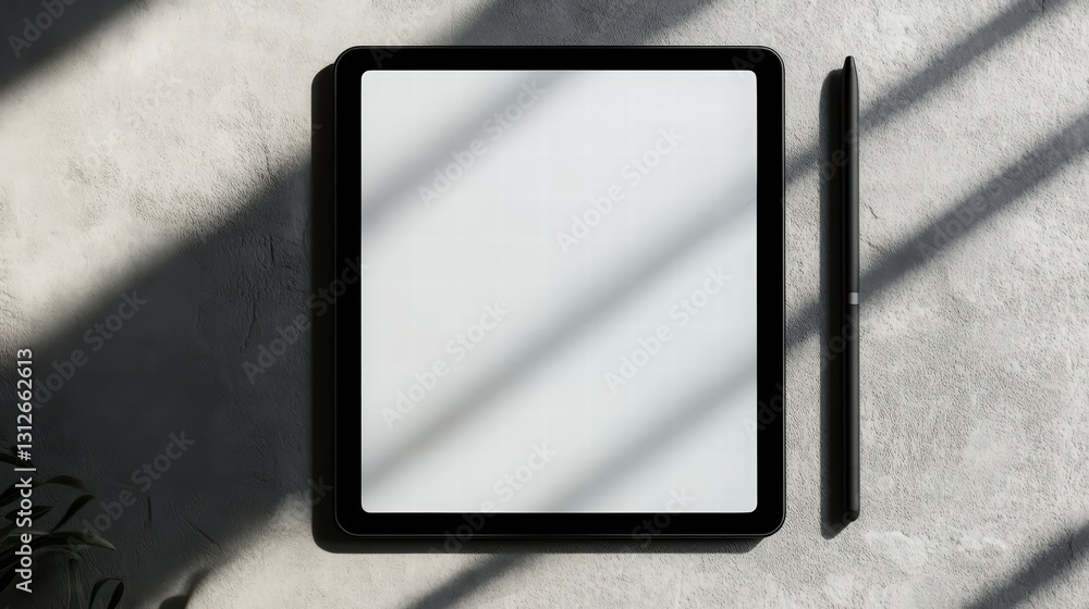 Poster blank canvas display: a modern black digital tablet displays an empty screen with side view, with th
