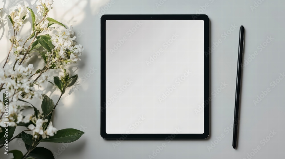 Poster digital canvas: a sleek tablet resting on a plain surface, accompanied by a stylus and delicate flor