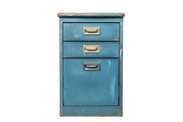Vintage blue filing cabinet with three drawers, showing signs of wear, perfect for nostalgic or retro decor ideas
