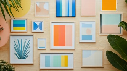 Artistic Interior: An artful collection of framed prints with abstract designs hangs on a wall with vibrant accent details, demonstrating artful interior design. 
