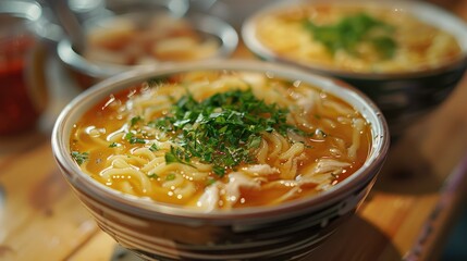 A bowl of noodles garnished with herbs, showcasing a delicious meal.