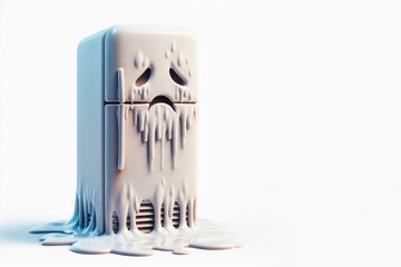 A melting refrigerator with a sad face. Space for text.