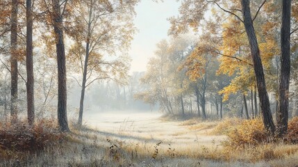 Photorealistic forest with soft morning mist, peaceful and calm, high-resolution and artistic nature photography