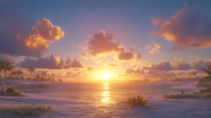 Obraz premium Tropical Sunset Beach Scene with Palm Trees