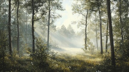 Obraz premium Photorealistic forest with soft morning mist, peaceful and calm, high-resolution and artistic nature photography