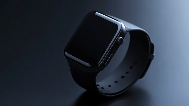 Smartwatch Minimalist: A sleek black smartwatch with a dark band, resting on a minimalist dark background. The smartwatch is modern and sleek, conveying a sense of luxury and functionality.
