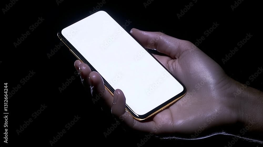 Poster smartphone in hand displaying blank screen showcasing modern mobile technology held in hand against 
