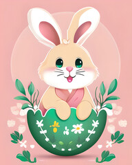 Fototapeta premium Illustration of a cute bunny near Easter eggs. The bunny is light in color with long ears. The background is filled with daisies, which creates a spring atmosphere. The color scheme is soft and pastel