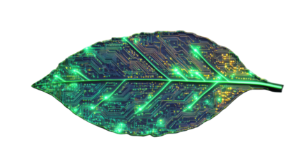 Green leaf showing printed circuit board with glowing signals on transparent background