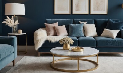 Elegant Living Room Interior with Blue Velvet Sofa and Stylish Decor