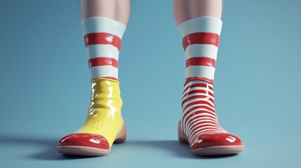 Close-up of mismatched glossy clown shoes with red and white striped socks on a blue background, featuring playful contrast and whimsical design with an exaggerated cartoonish aesthetic