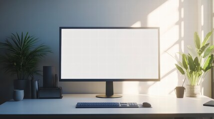 Clean Minimalist Workspace: A modern, sleek desktop computer with a blank screen sits on a clean white desk, flanked by potted plants and bathed in sunlight.