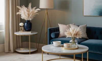 Elegant Living Room Interior with Blue Velvet Sofa and Pampas Grass Decor