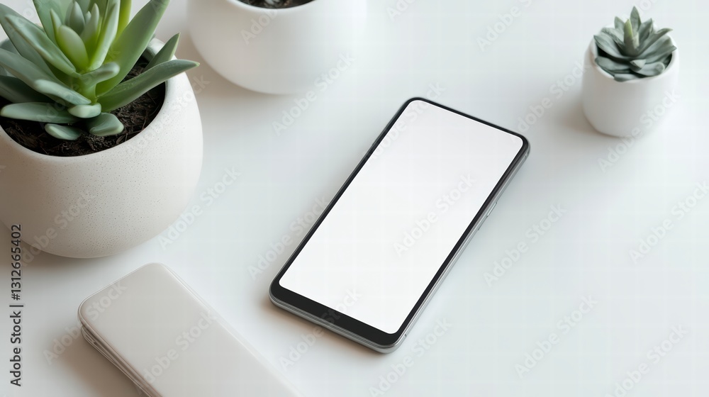 Poster modern workspace: a sleek smartphone with a blank screen is displayed in a minimalist setting, adorn