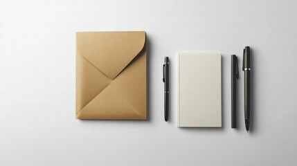 Stationery Essentials: An overhead shot showcases a neatly arranged set of stationery items including a brown envelope, notebook and pens.