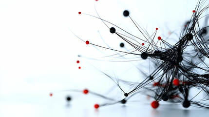 Abstract artwork displaying lines and spheres of black and red colors