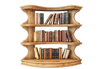 Wooden bookshelf displaying an array of vintage books in a cozy reading nook