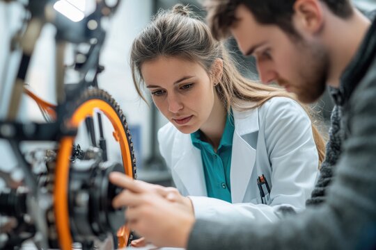 Two engineers meticulously examine a bicycle's intricate mechanism, focusing on its innovative design and functionality. - Powered by Adobe