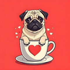 Digital matte picture with a small pug dog sitting in a cup with hearts. Valentine Day theme. The picture is drawn in a pop art style.