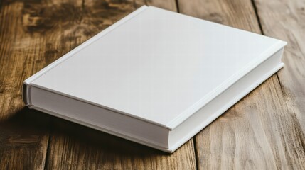 Fototapeta premium Blank Canvas Book on Wood: A pristine, blank hardcover book rests upon a rustic wooden surface, its smooth cover a potential vessel for knowledge, stories, or design. 