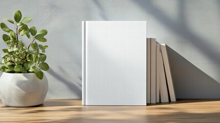 Book and Plant Composition: A minimalist, bright studio shot presents a blank book cover standing beside a stack of books, complemented by a potted plant with lush foliage, casting soft shadows.