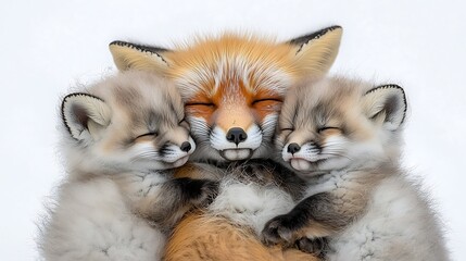 Red Fox and Kits Huddle in Snow
