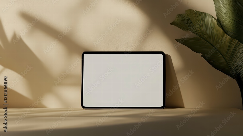 Poster tablet display with plant: a modern digital tablet displaying a blank screen rests on a textured sur