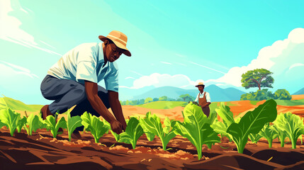 Farmers tending to healthy crops in a lush green field during bright daylight hours