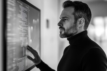 A man interacts with a large screen displaying lines of code, possibly engaged in software development or data analysis.