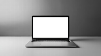 Fototapeta premium Laptop on Desk: A modern laptop with a blank, bright screen sits open on a clean desk, symbolizing communication and work, ready to display your content.