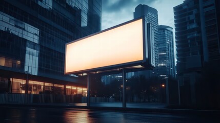 Urban Billboard: A large, blank billboard stands prominently in a modern cityscape, offering a space for advertising and messaging, with city lights in background.