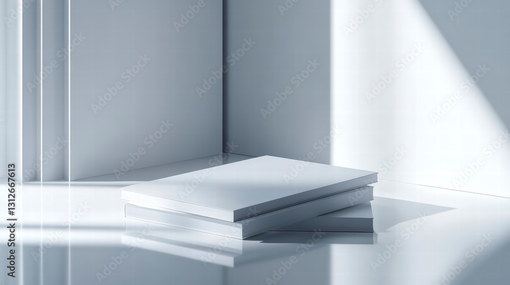 Poster geometric modernism: a stack of blank square books, bathed in crisp, diffused light within a minimal