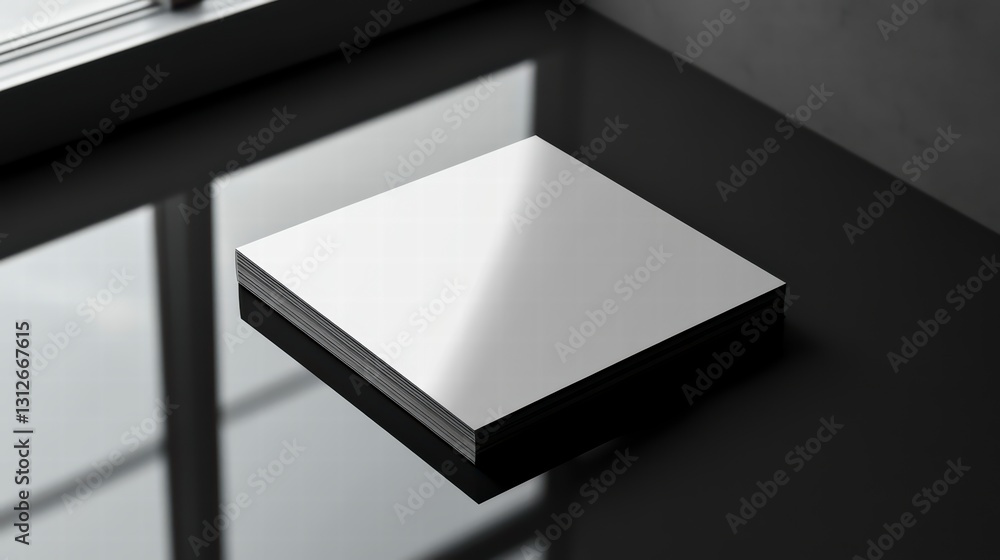 Poster elevated presentation: a sleek, minimalist composition featuring a perfectly square stack of blank p