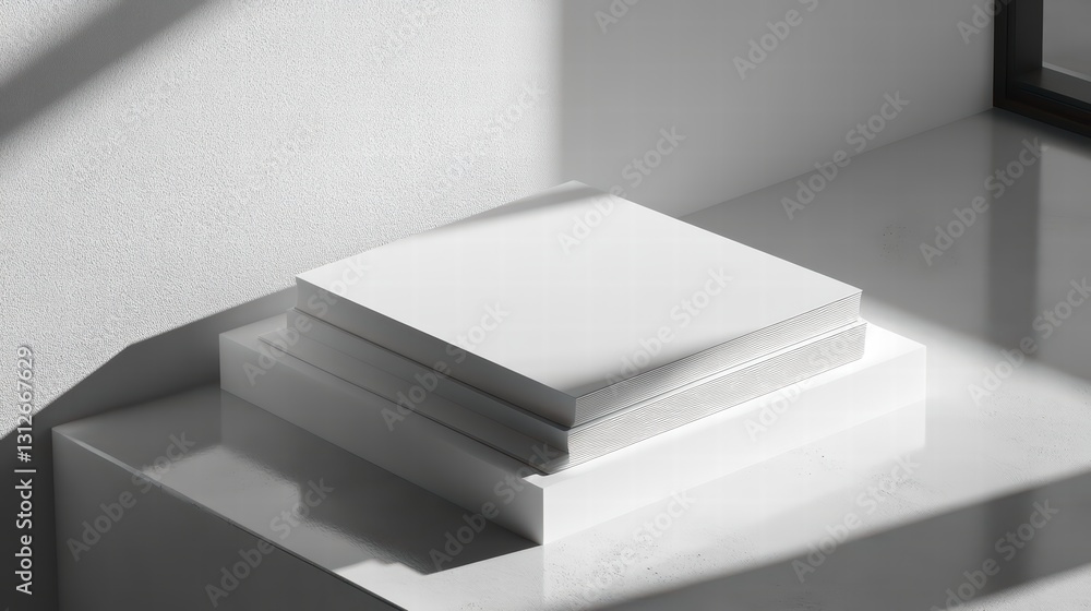 Poster minimalist platform: the photo features a minimalist platform made of white elements, creating a cle