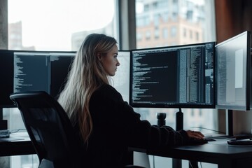 A female programmer is intensely focused on her work, reviewing lines of code on dual monitors.