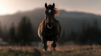 A majestic horse running through the field towards the viewer