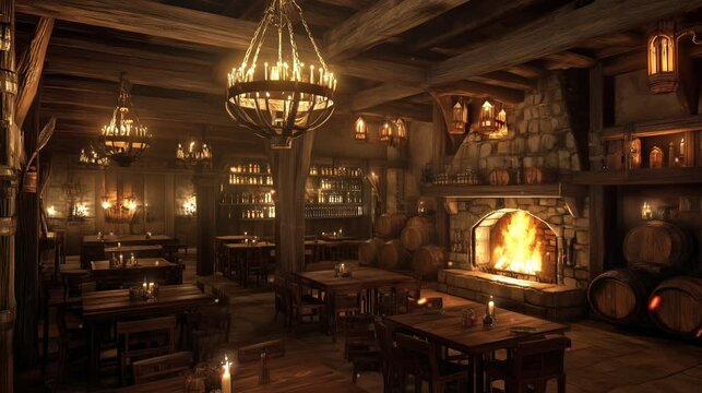 Rustic medieval tavern with warm candlelight and a cozy fireplace atmosphere
