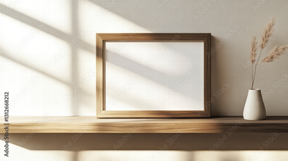 Poster elegance of display: a captivating display with a wooden frame casting soft shadows, placed artfully