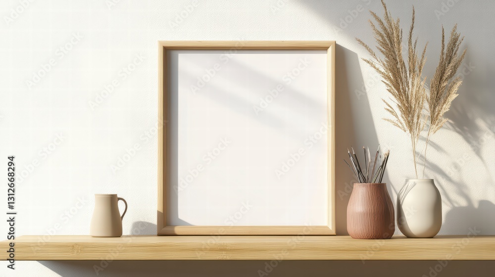 Aufkleber frame display: minimalist interior design showcasing an empty picture frame in a warm and inviting s